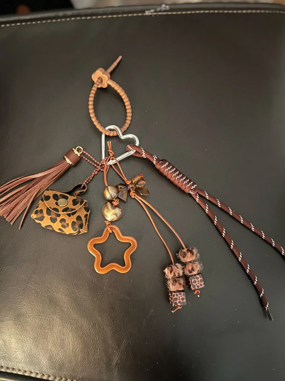 Brown Leather & Leopard Accent Keychain Bag  Charm